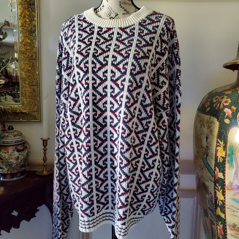 Vintage 100% Cotton Geometric Knit Sweater Grandpa Core Crewneck Size L